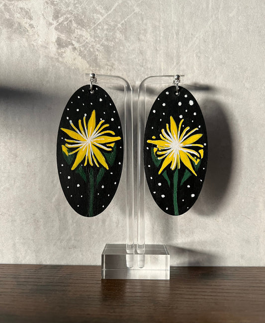 Blazing star earrings, mentzelia laevicaulis, wood earrings, silver earrings, flower earrings, yellow flower, California natives, botanical